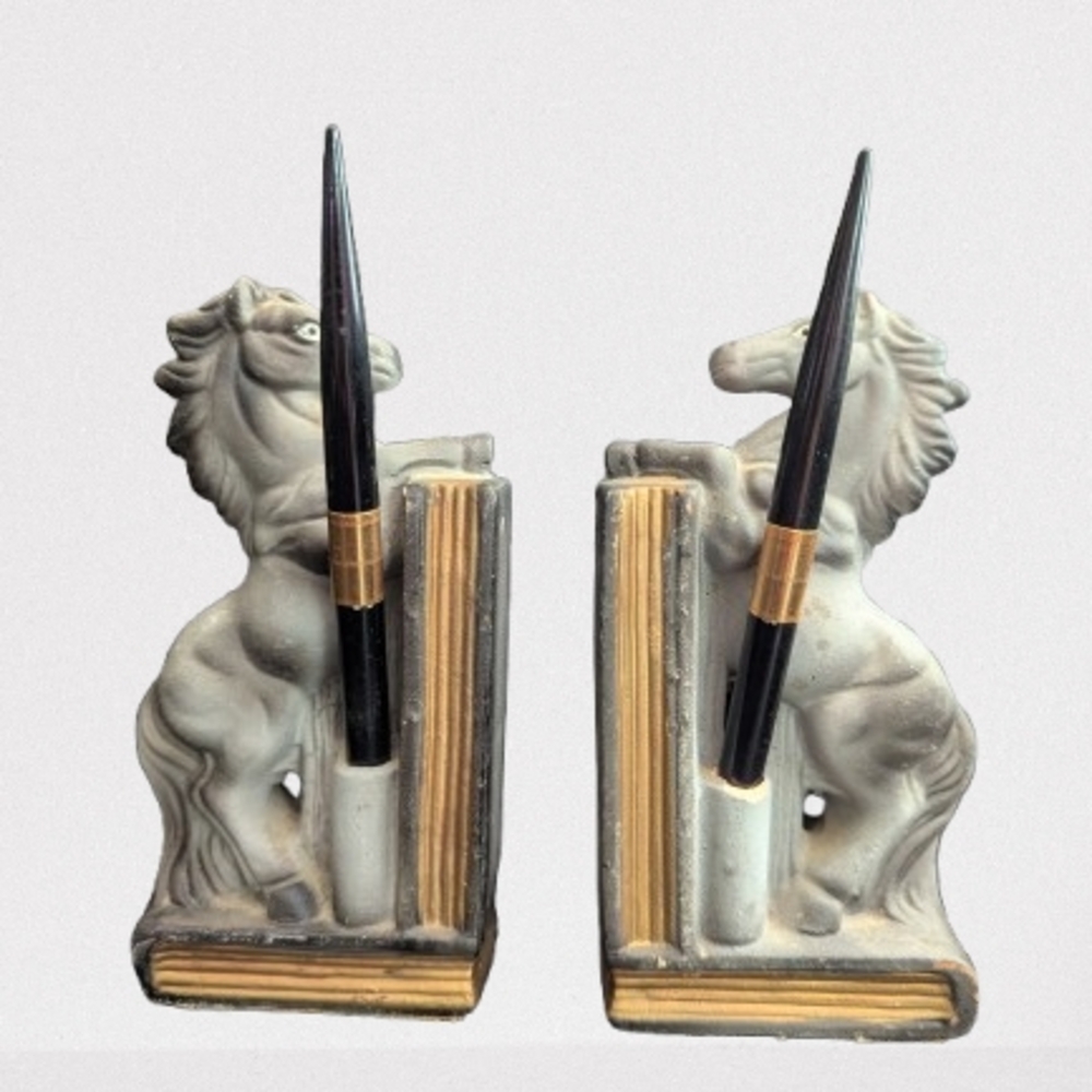 Vintage Late 1960's Gray Horse Bookends with Black Pens